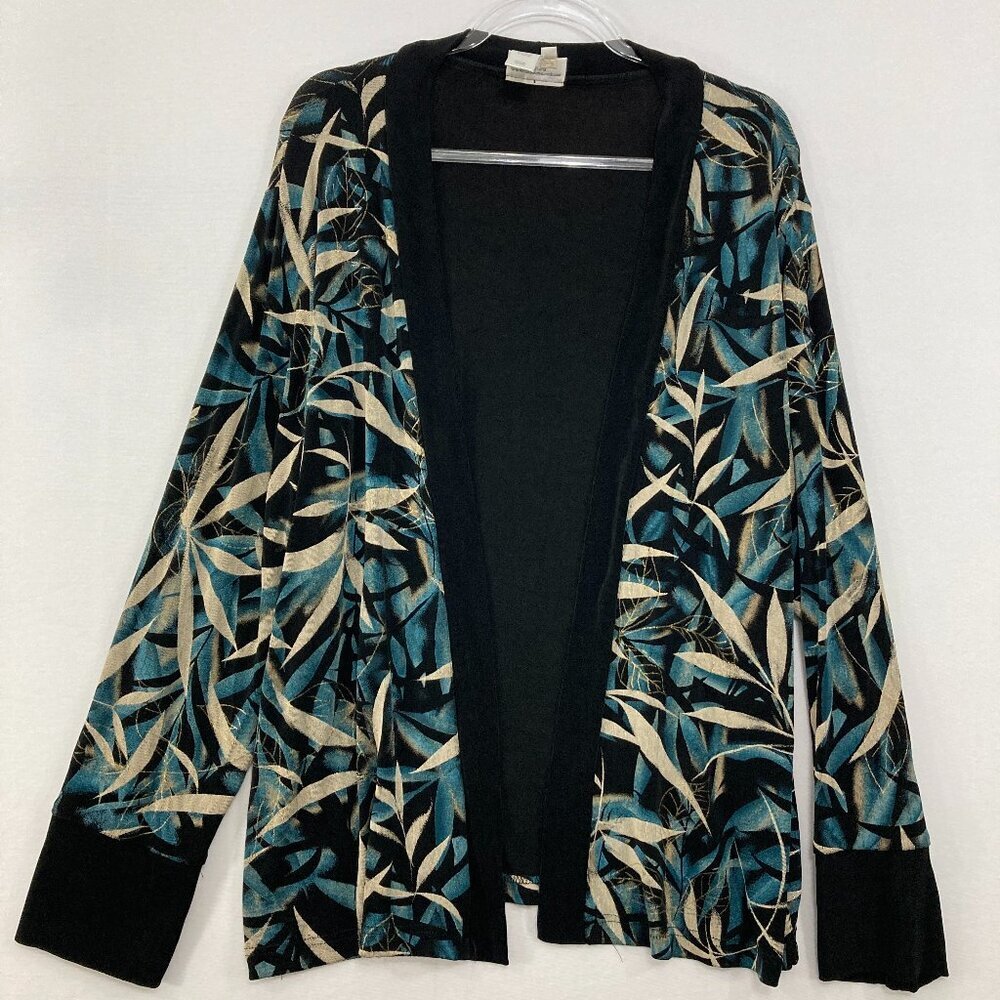 Coldwater Creek XL Blue Cream Black Leaf Slinky Knit Open Cardigan Jacket